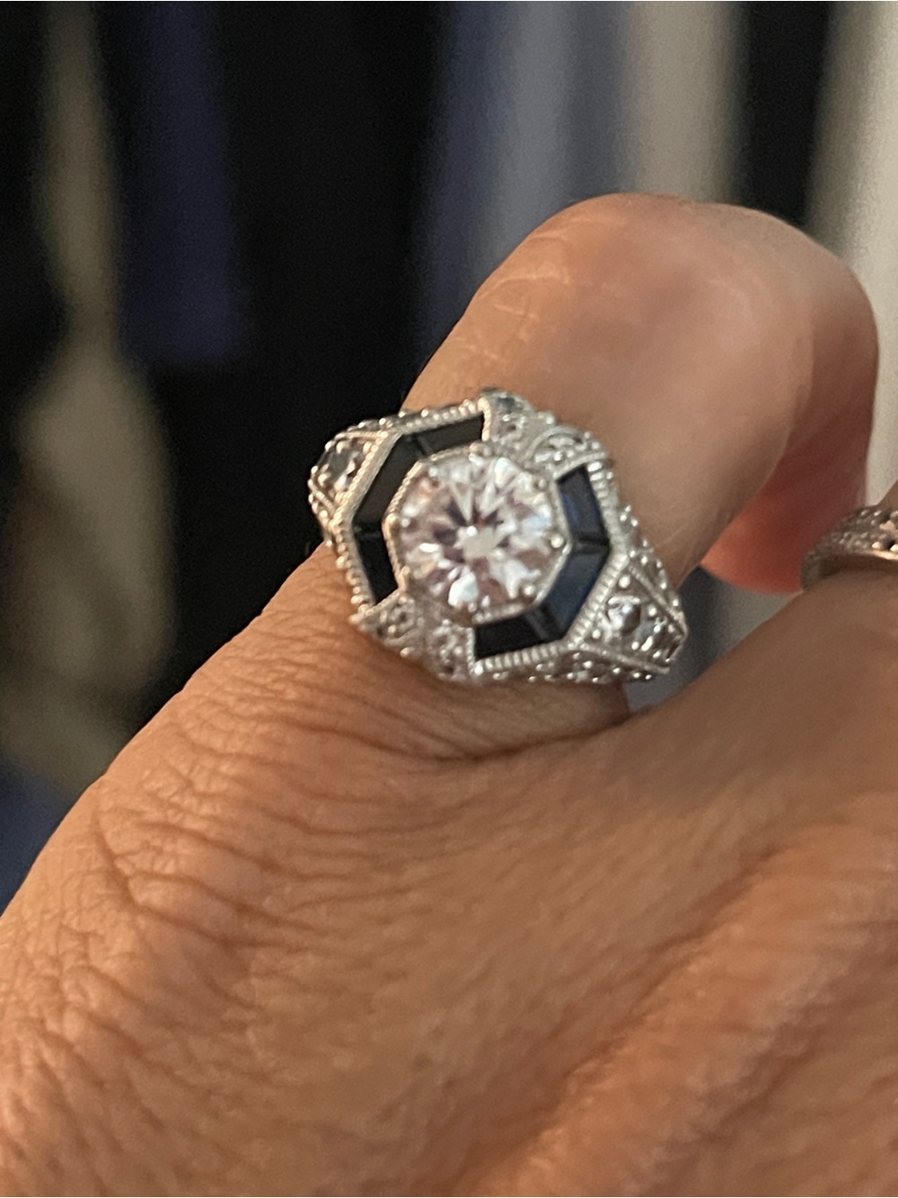 Vintage-Inspired Sterling Silver Ring with Sapphire and CZ Center Stone size 5.5 - Picture 2 of 5